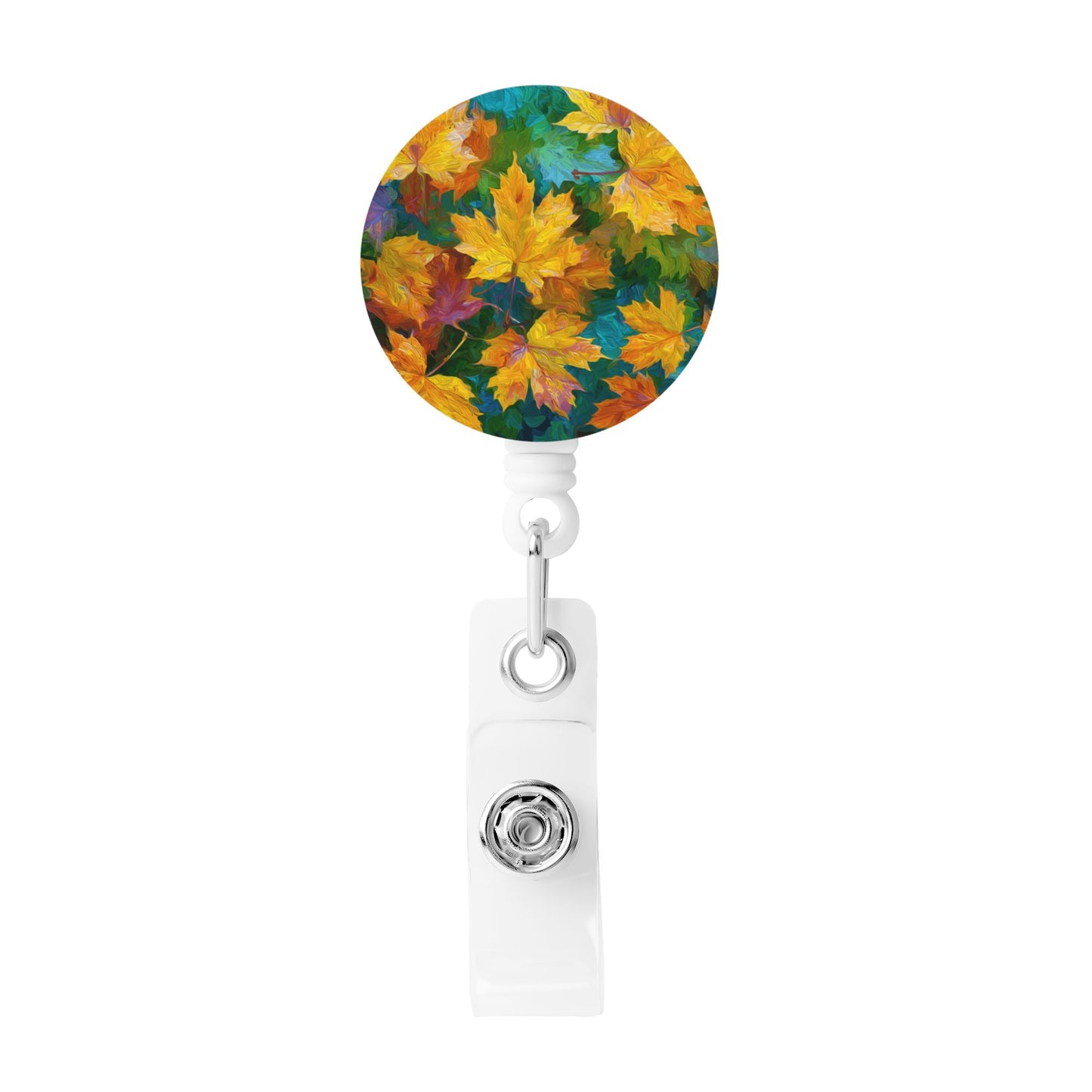 Autumn Maple Leaf Pattern Retractable Badge Holder with 360° Rotating Alligator Clip and Metal Snap for ID Cards & Keys