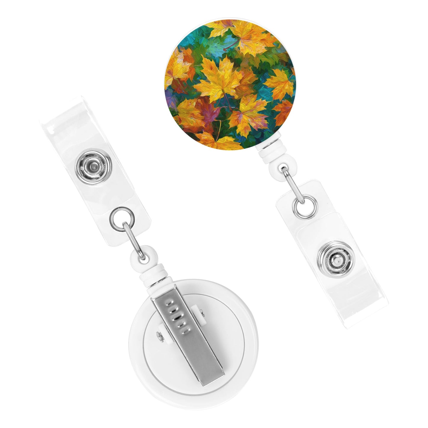 Autumn Maple Leaf Pattern Retractable Badge Holder with 360° Rotating Alligator Clip and Metal Snap for ID Cards & Keys