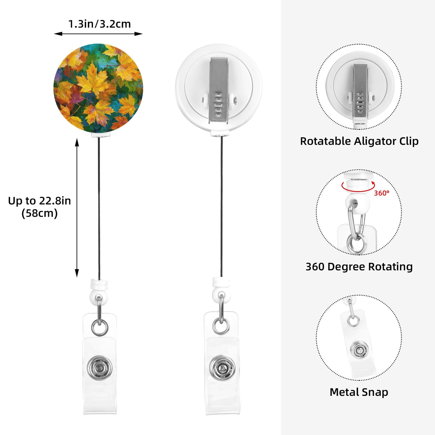 Autumn Maple Leaf Pattern Retractable Badge Holder with 360° Rotating Alligator Clip and Metal Snap for ID Cards & Keys