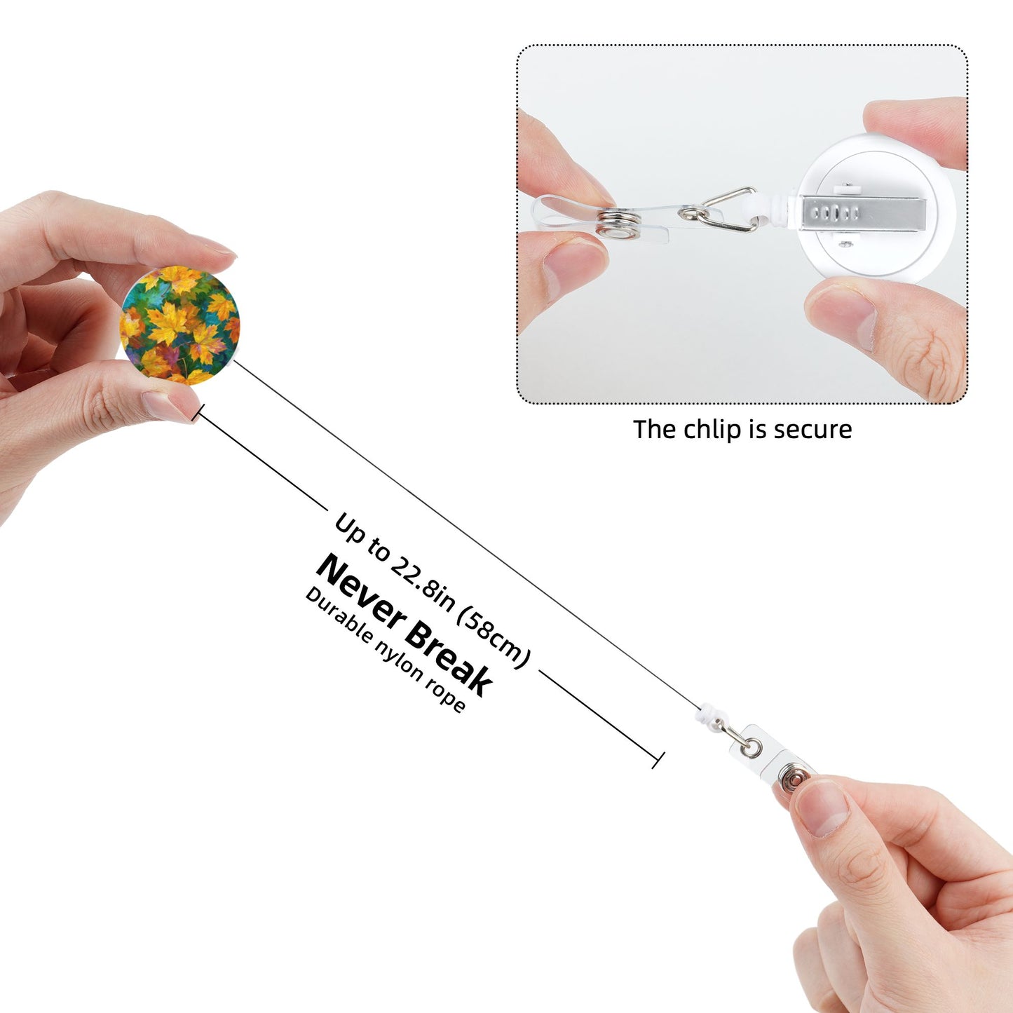 Autumn Maple Leaf Pattern Retractable Badge Holder with 360° Rotating Alligator Clip and Metal Snap for ID Cards & Keys