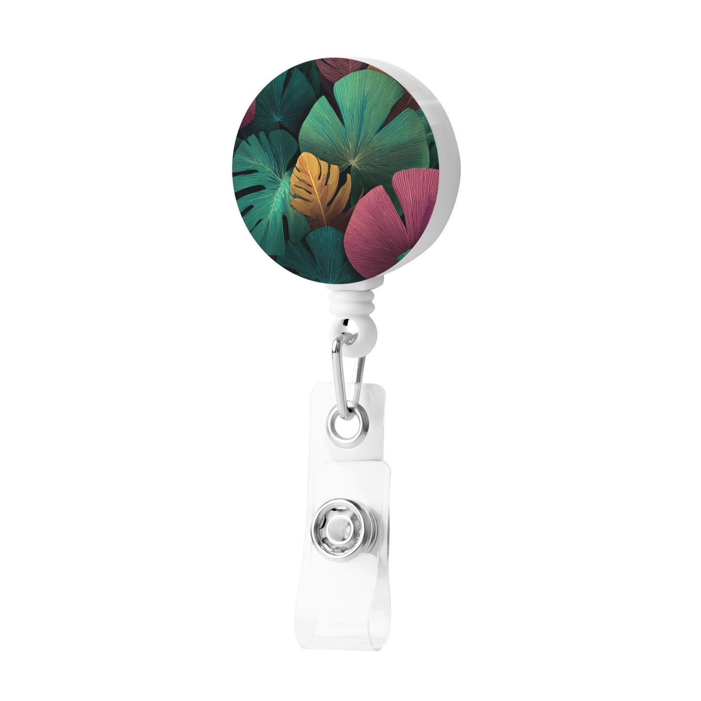 Tropical Leaf Pattern Retractable Badge Holder – Plastic ID Card Reel with 360° Rotating Alligator Clip and Metal Snap, Lightweight & Durable