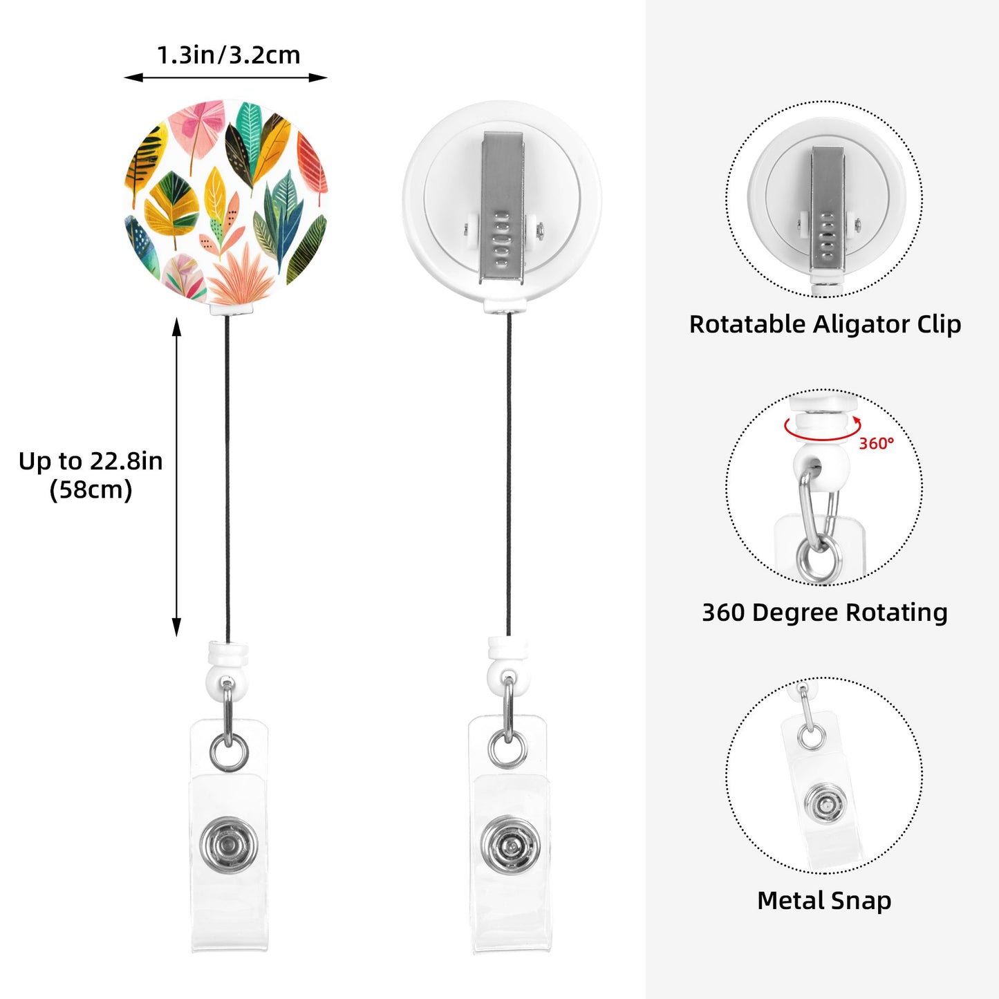 Colorful Leaf Pattern Retractable Badge Holder with Rotating Alligator Clip and Metal Snap for ID Cards & Keys
