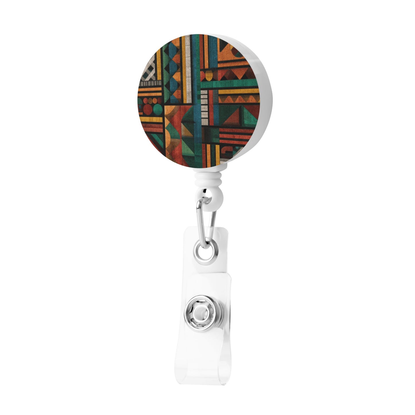 Geometric Patchwork Pattern Retractable Badge Holder with Rotating Alligator Clip and Metal Snap for ID Cards & Keys