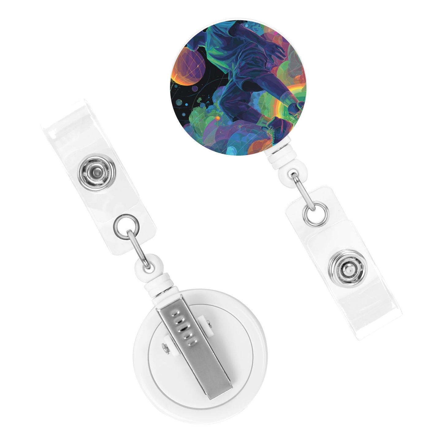 Colorful Basketball Player Pattern Retractable Badge Holder with 360° Rotating Alligator Clip and Metal Snap for ID Cards & Keys
