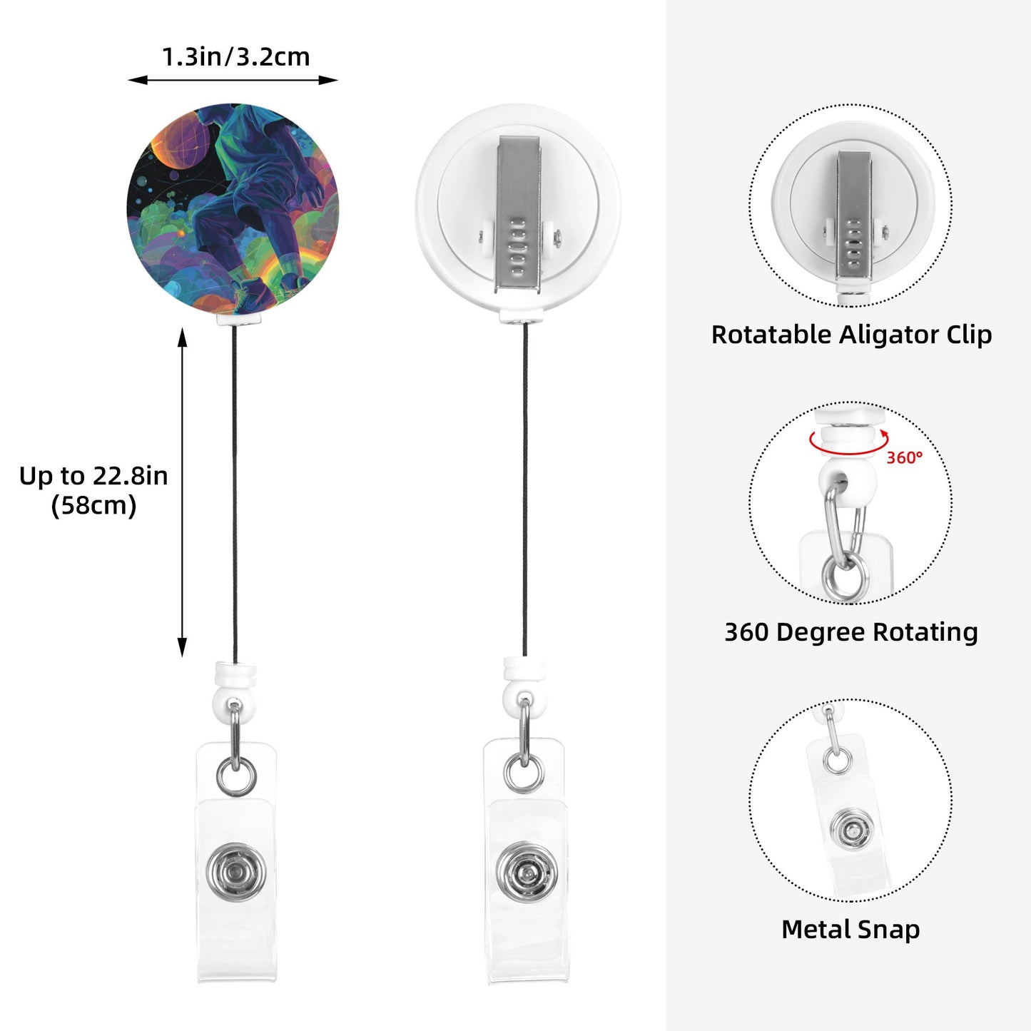 Colorful Basketball Player Pattern Retractable Badge Holder with 360° Rotating Alligator Clip and Metal Snap for ID Cards & Keys