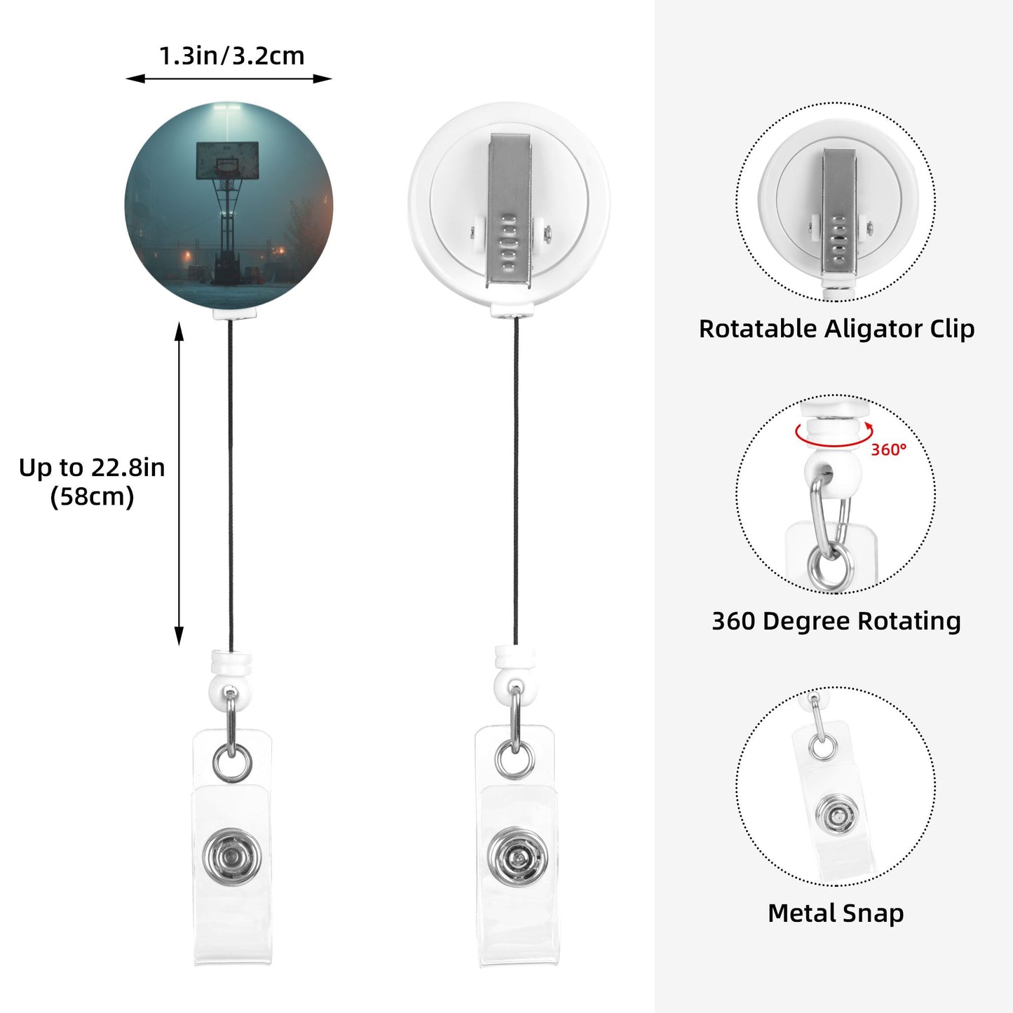Night Basketball Court Pattern Retractable Badge Holder with 360° Rotating Alligator Clip and Metal Snap for ID Cards & Keys