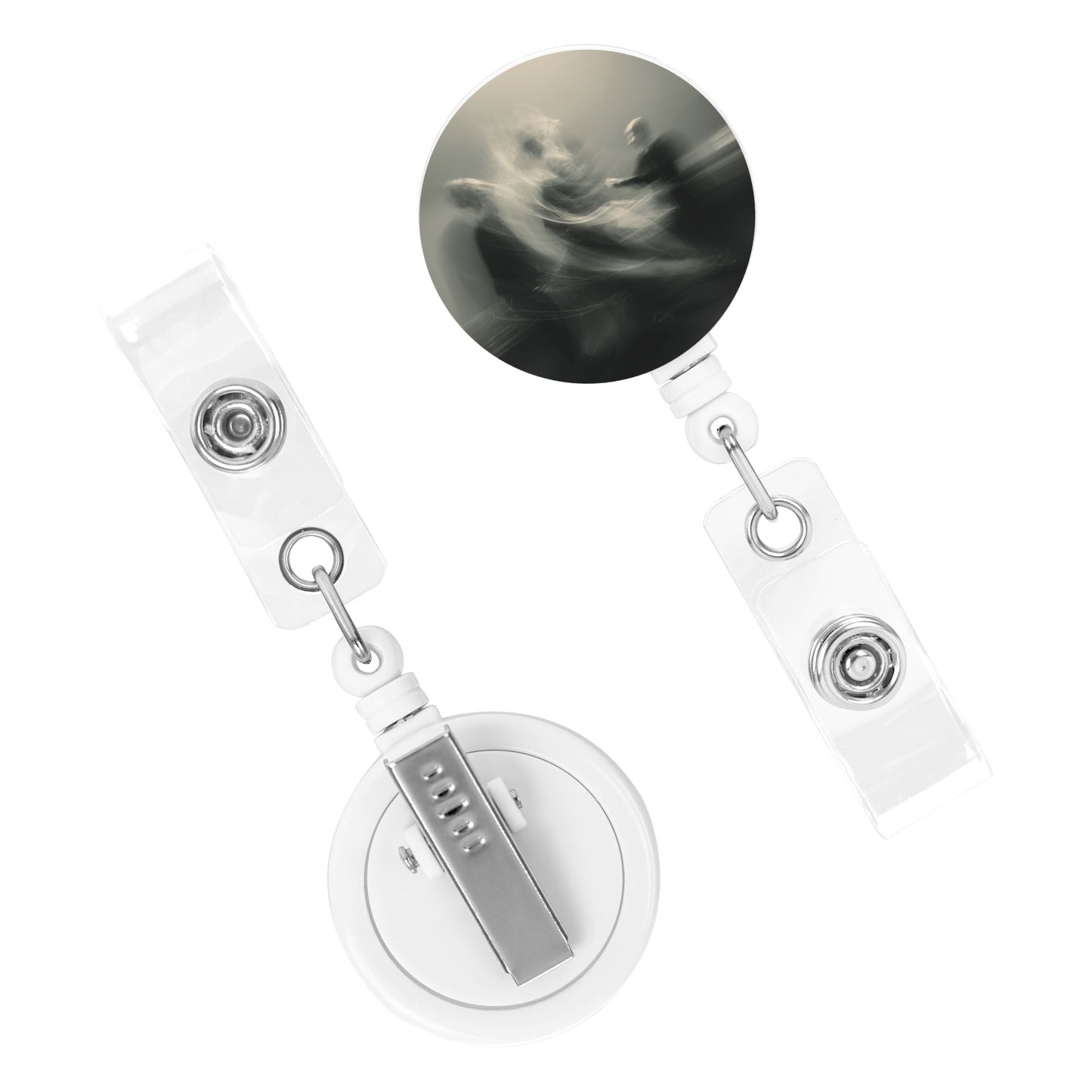Black & White Athlete Motion Silhouette Pattern Retractable Badge Holder with 360° Rotating Alligator Clip and Metal Snap for ID Cards & Keys