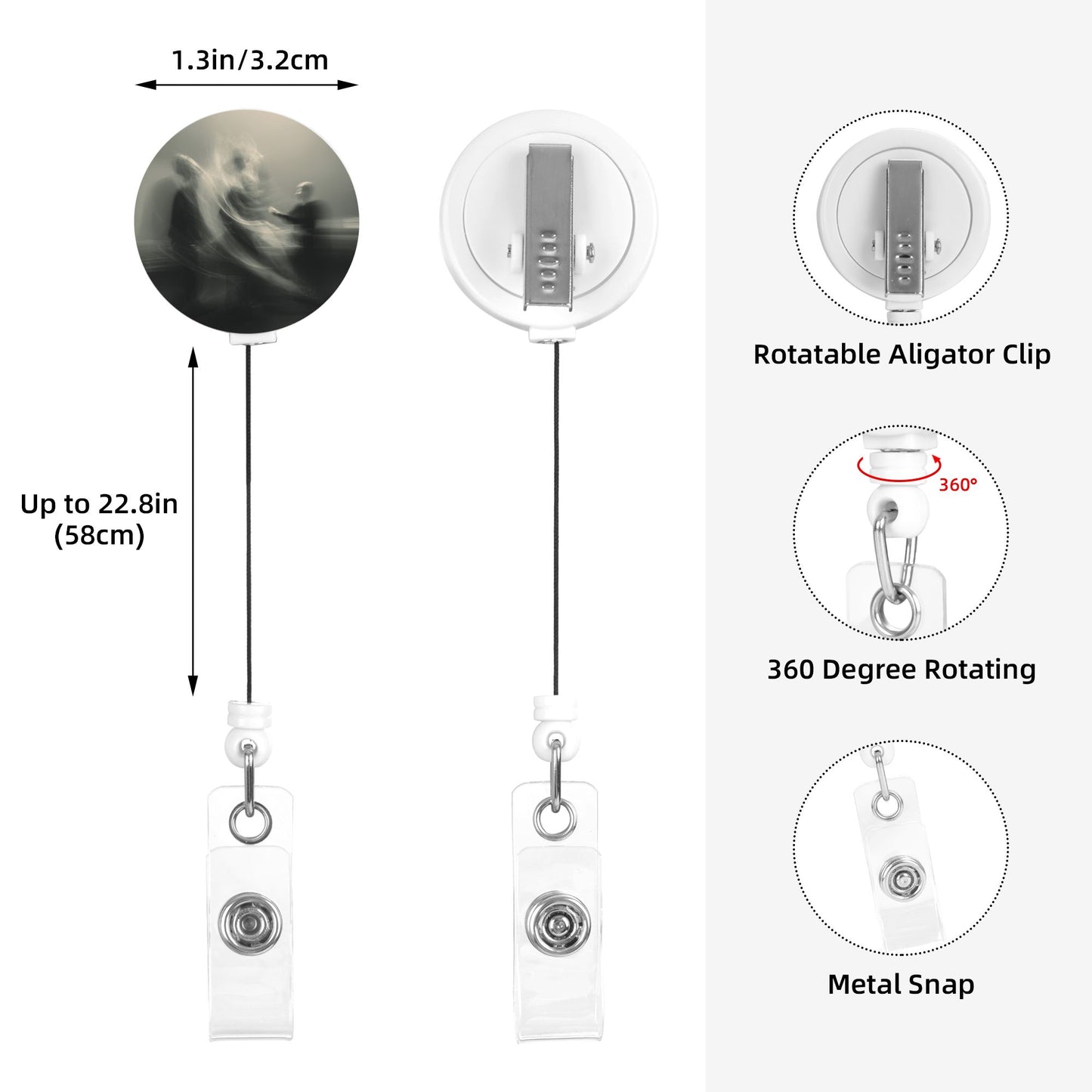 Black & White Athlete Motion Silhouette Pattern Retractable Badge Holder with 360° Rotating Alligator Clip and Metal Snap for ID Cards & Keys