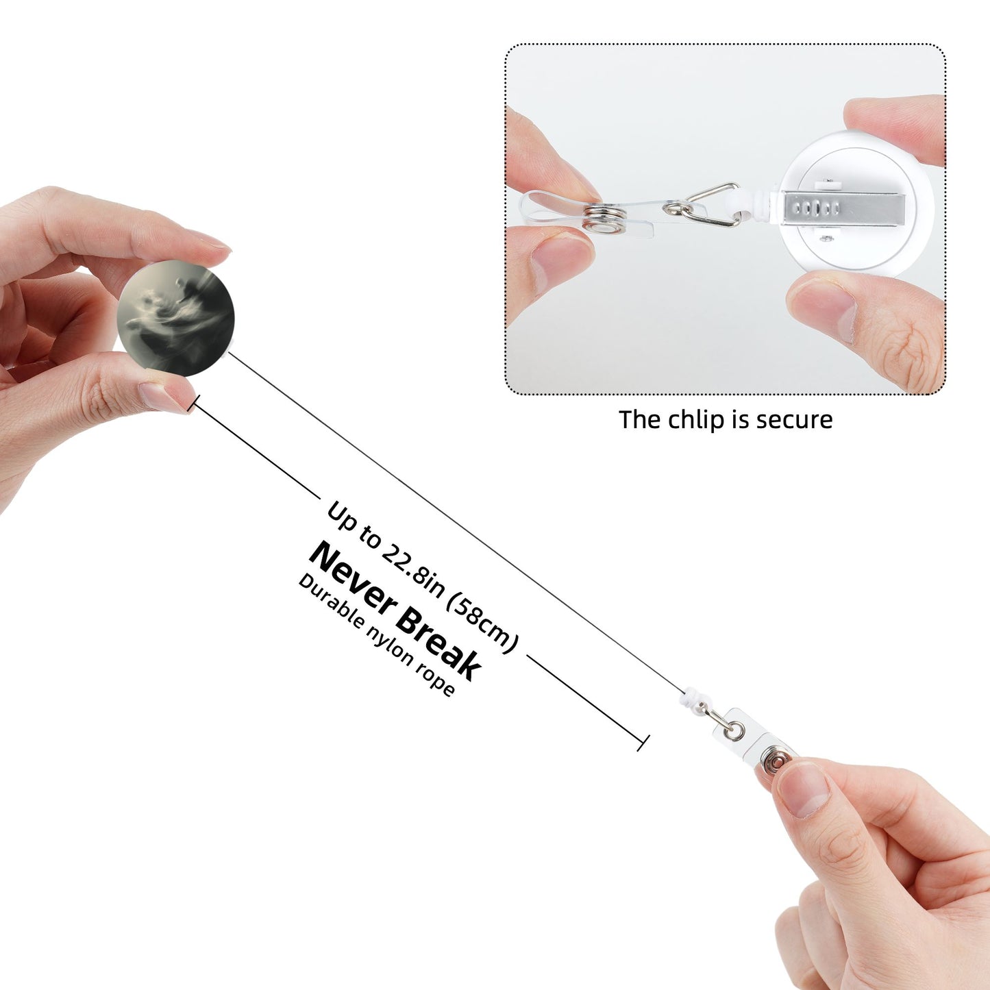 Black & White Athlete Motion Silhouette Pattern Retractable Badge Holder with 360° Rotating Alligator Clip and Metal Snap for ID Cards & Keys