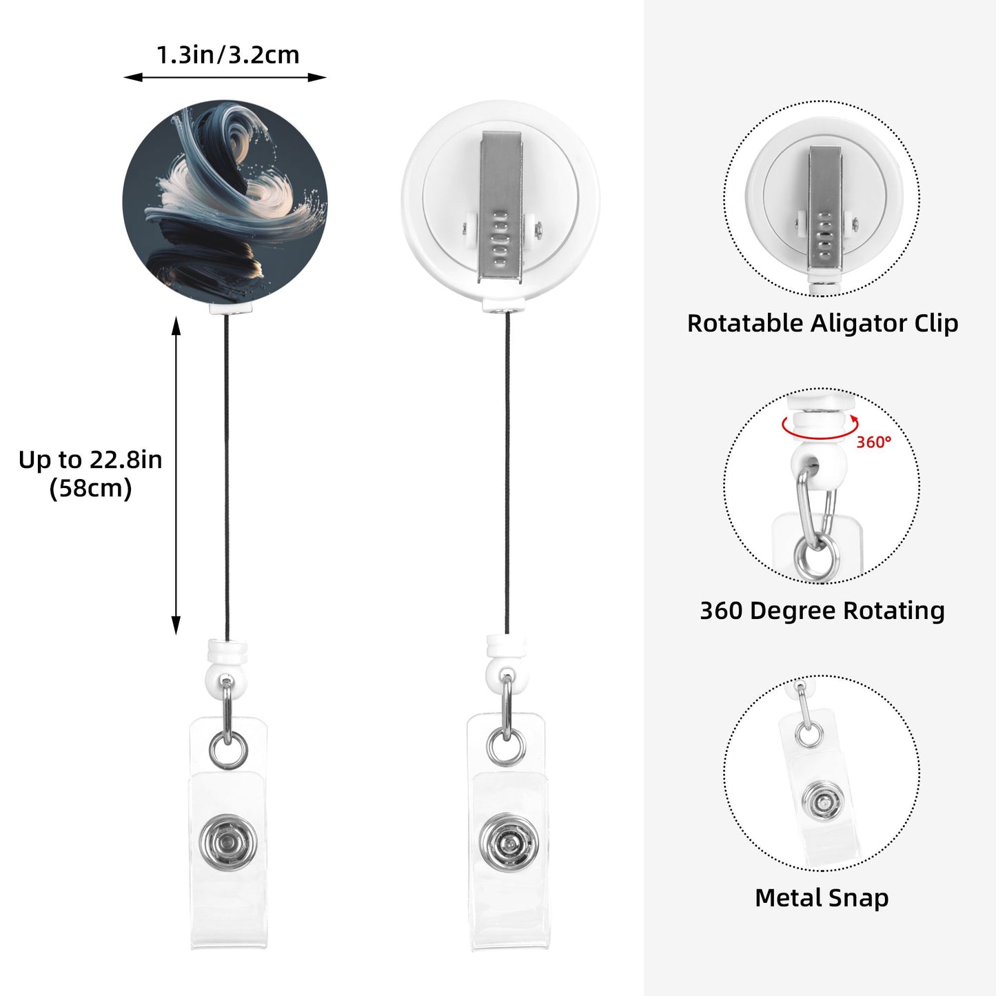 Abstract Brushstroke Art Pattern Retractable Badge Holder with 360° Rotating Alligator Clip and Metal Snap for ID Cards & Keys