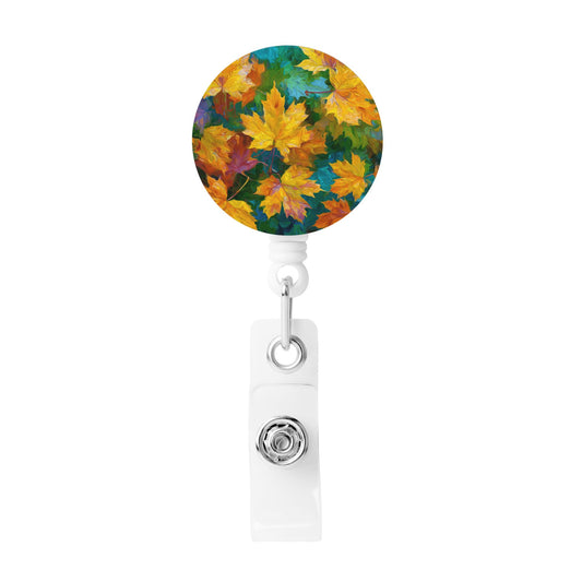 Autumn Maple Leaf Pattern Retractable Badge Holder with 360° Rotating Alligator Clip and Metal Snap for ID Cards & Keys
