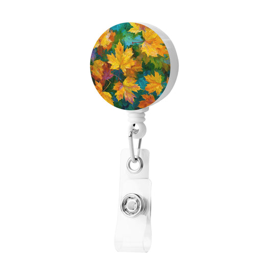Autumn Maple Leaf Pattern Retractable Badge Holder with 360° Rotating Alligator Clip and Metal Snap for ID Cards & Keys