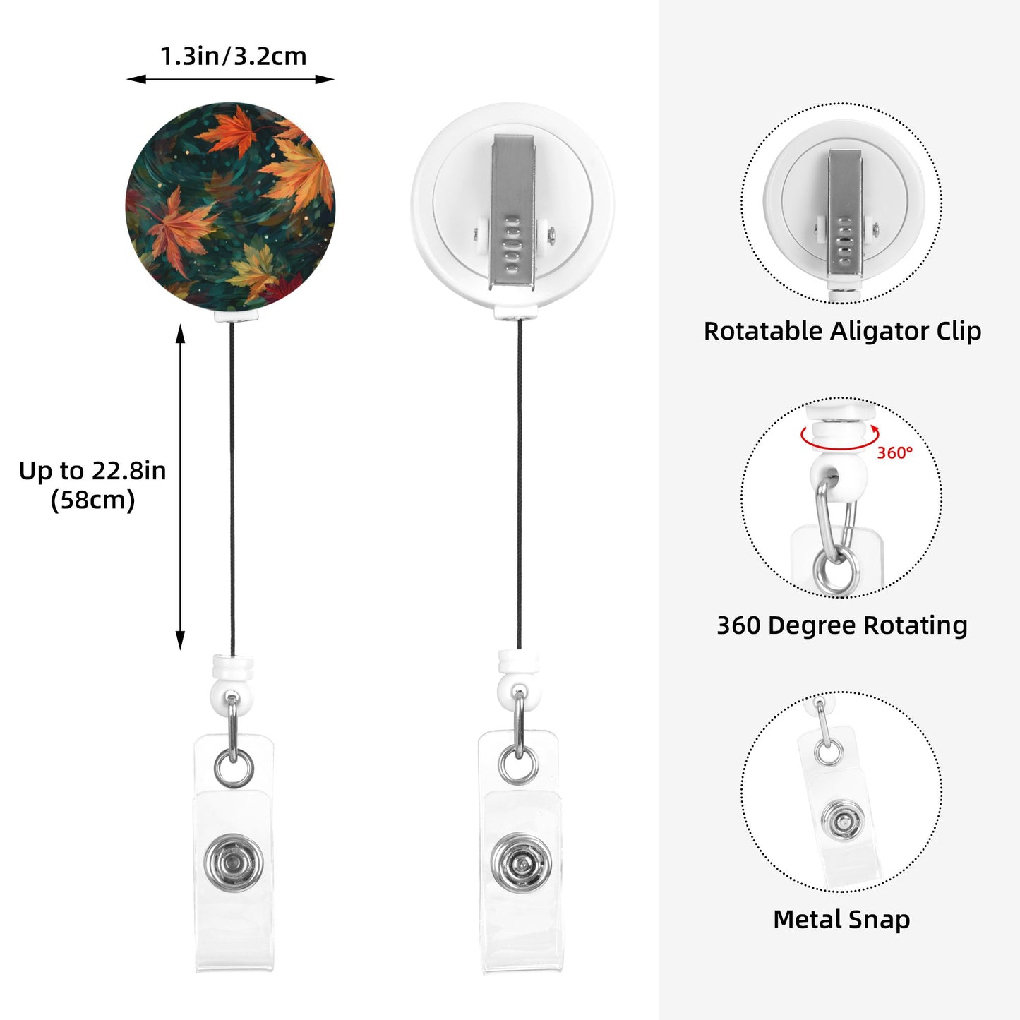 Maple Leaf Pattern Retractable Badge Holder – Plastic Reel with 360° Rotating Alligator Clip and Metal Snap, Secure ID Card & Key Holder