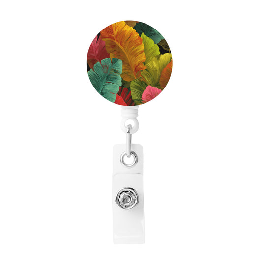 Colorful Leaf Pattern Retractable Badge Holder – Plastic ID Card Reel with 360° Rotating Alligator Clip and Metal Snap, Secure and Durable