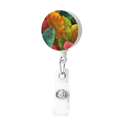 Colorful Leaf Pattern Retractable Badge Holder – Plastic ID Card Reel with 360° Rotating Alligator Clip and Metal Snap, Secure and Durable