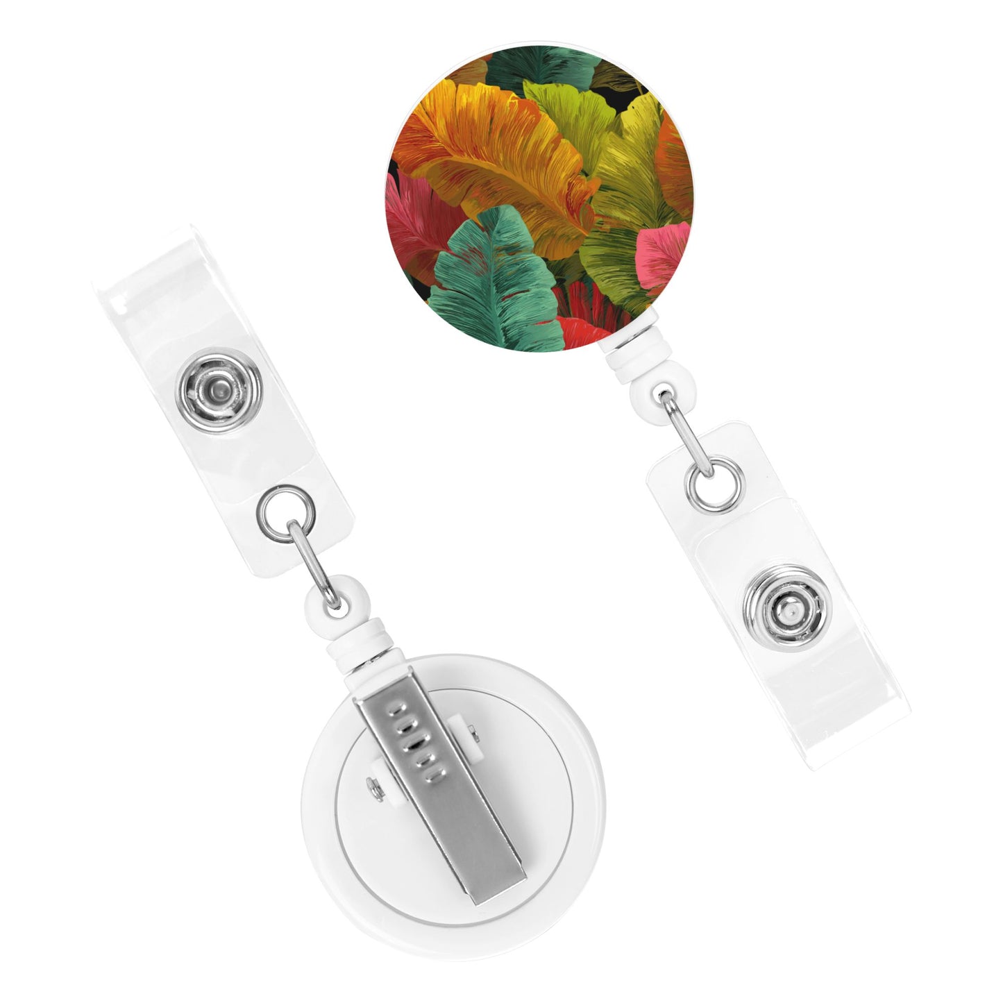 Colorful Leaf Pattern Retractable Badge Holder – Plastic ID Card Reel with 360° Rotating Alligator Clip and Metal Snap, Secure and Durable
