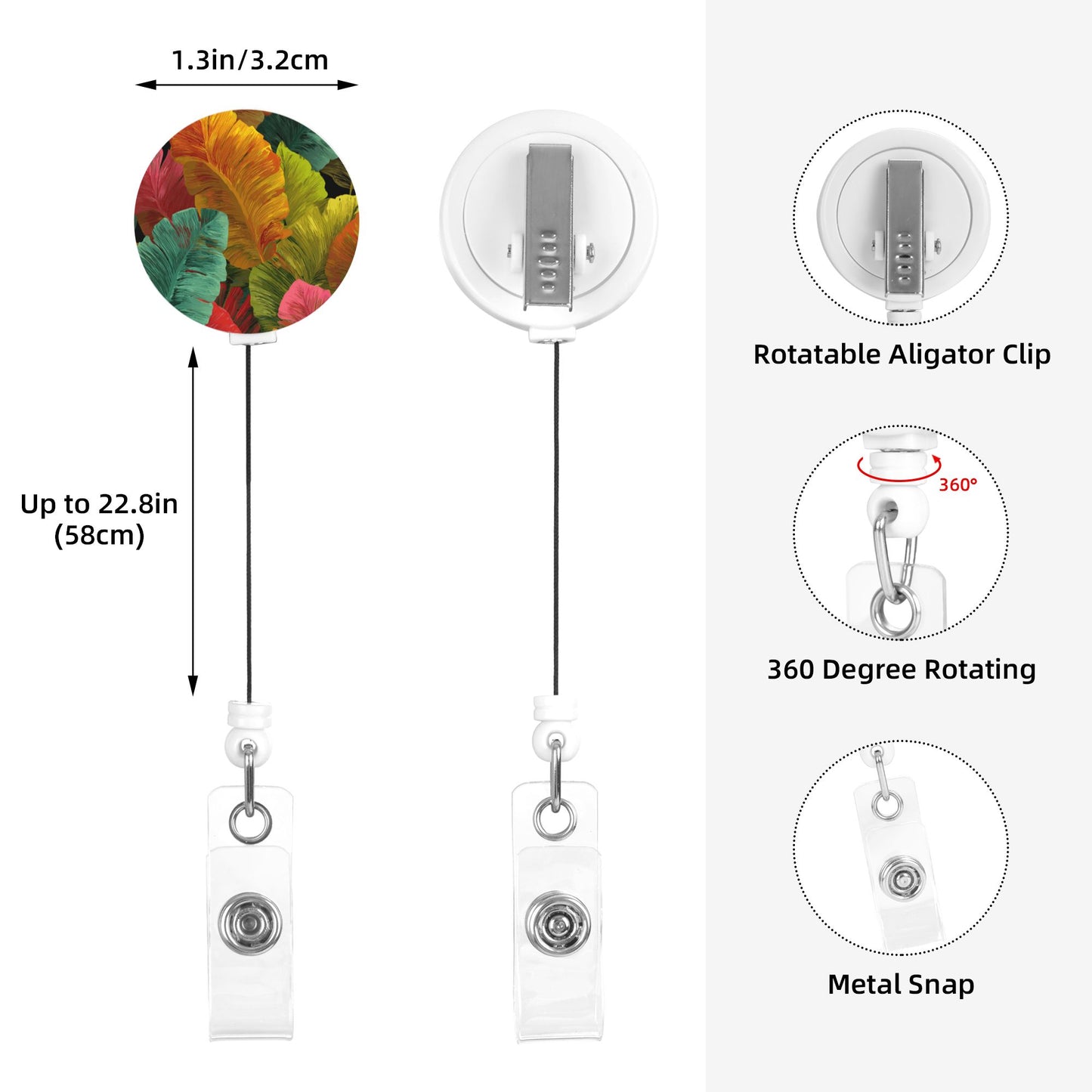 Colorful Leaf Pattern Retractable Badge Holder – Plastic ID Card Reel with 360° Rotating Alligator Clip and Metal Snap, Secure and Durable