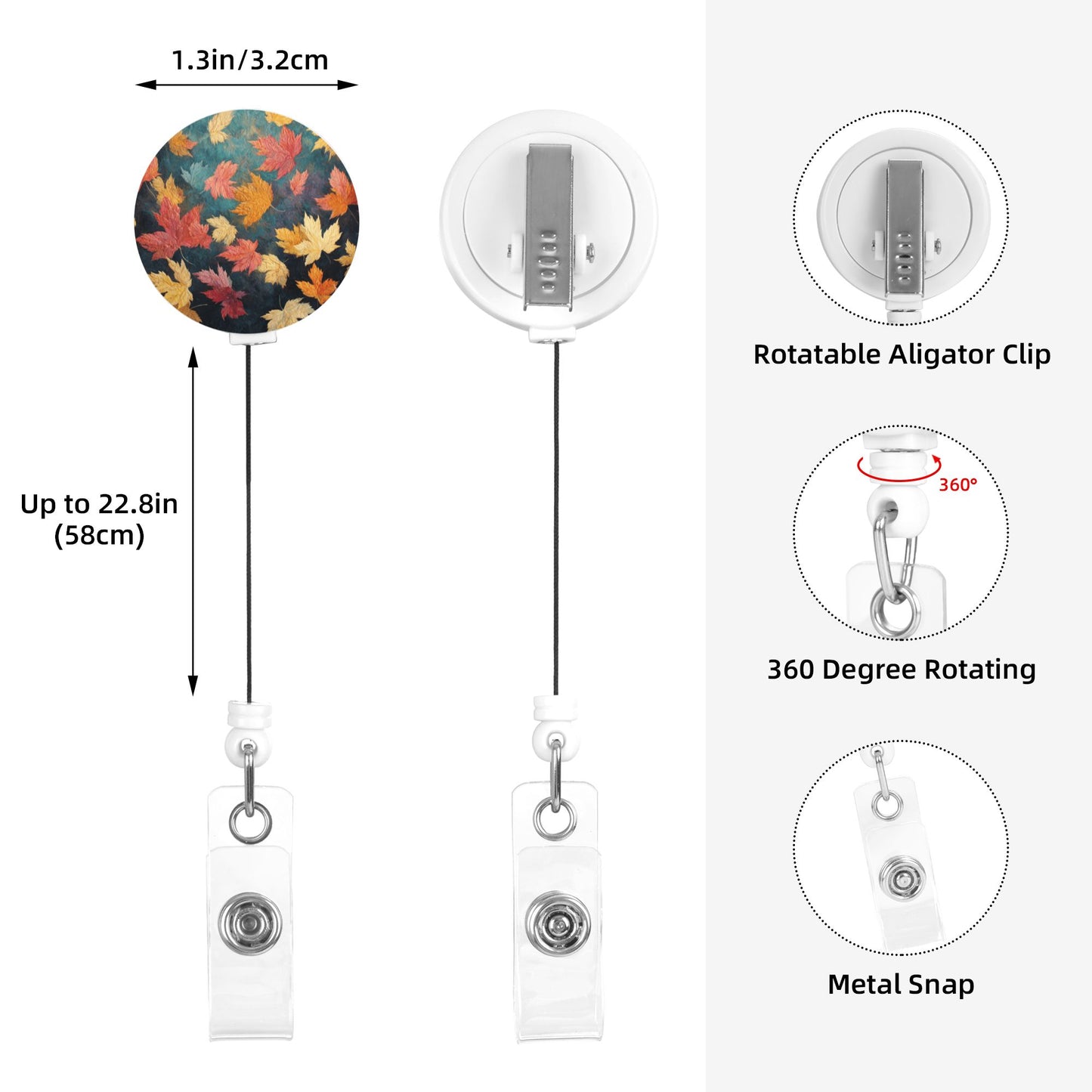 Maple Leaf Pattern Retractable Badge Holder – Plastic ID Card Reel with 360° Rotating Alligator Clip and Metal Snap, Lightweight & Durable