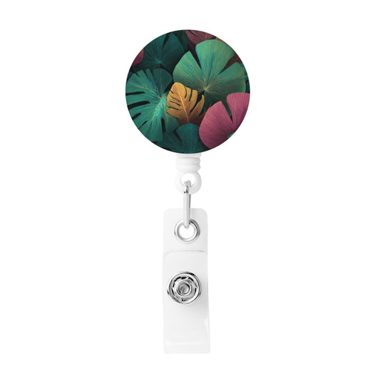 Tropical Leaf Pattern Retractable Badge Holder – Plastic ID Card Reel with 360° Rotating Alligator Clip and Metal Snap, Lightweight & Durable
