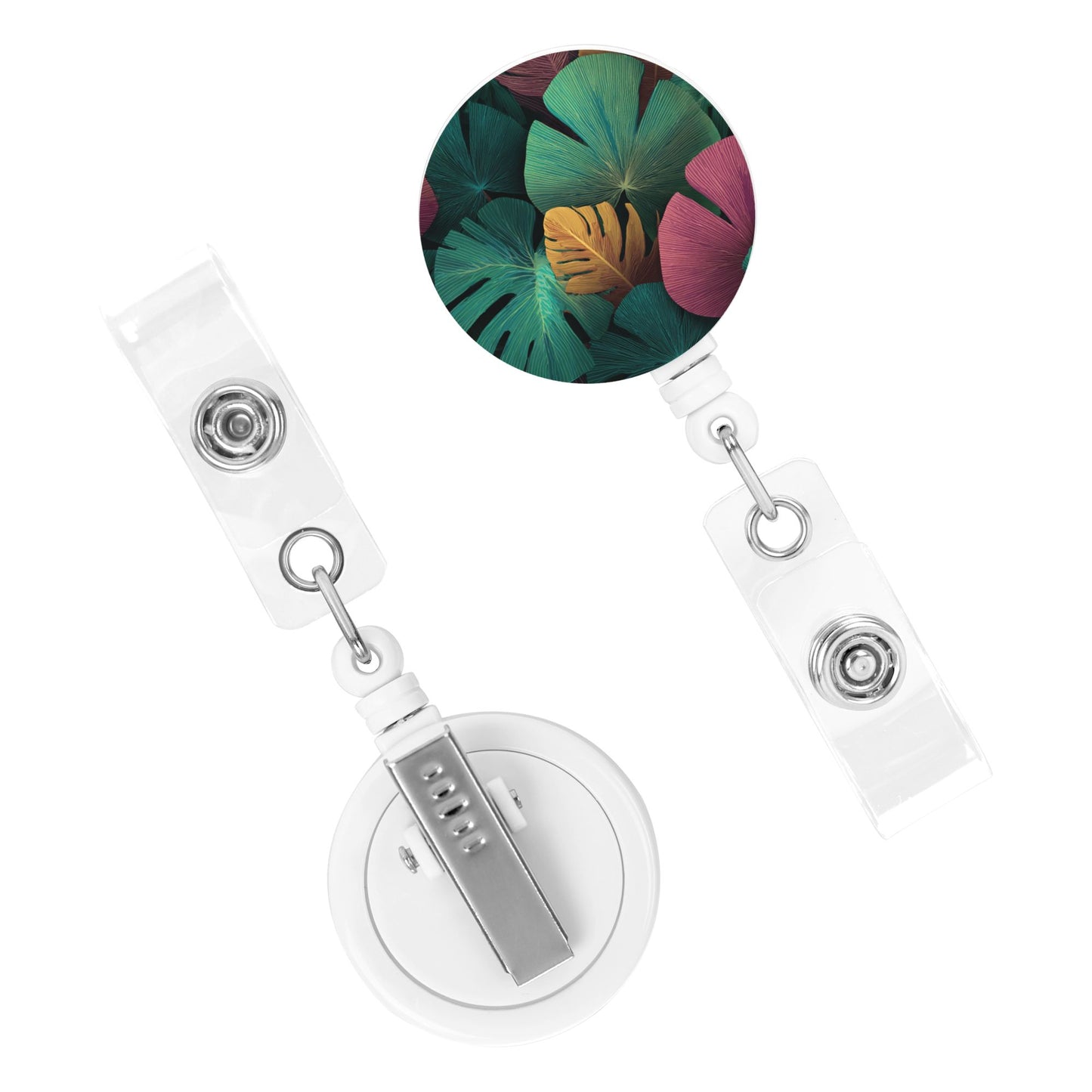 Tropical Leaf Pattern Retractable Badge Holder – Plastic ID Card Reel with 360° Rotating Alligator Clip and Metal Snap, Lightweight & Durable