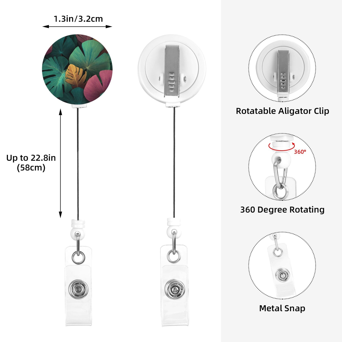 Tropical Leaf Pattern Retractable Badge Holder – Plastic ID Card Reel with 360° Rotating Alligator Clip and Metal Snap, Lightweight & Durable