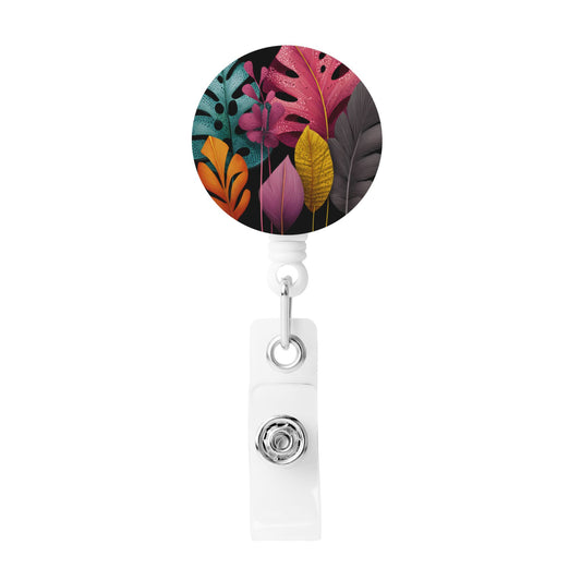 Colorful Leaf Pattern Retractable Badge Holder with 360° Rotating Alligator Clip, Metal Snap Strap, and 22.8in Durable Steel Cord for ID Cards, Keys, and Work Badges
