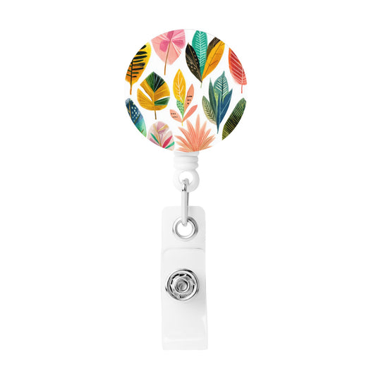 Colorful Leaf Pattern Retractable Badge Holder with Rotating Alligator Clip and Metal Snap for ID Cards & Keys