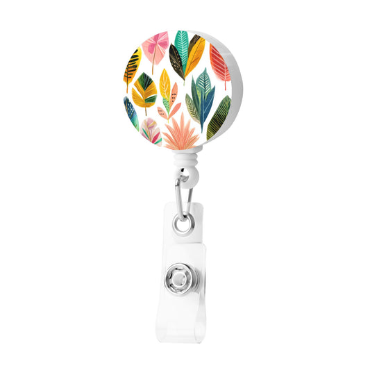 Colorful Leaf Pattern Retractable Badge Holder with Rotating Alligator Clip and Metal Snap for ID Cards & Keys