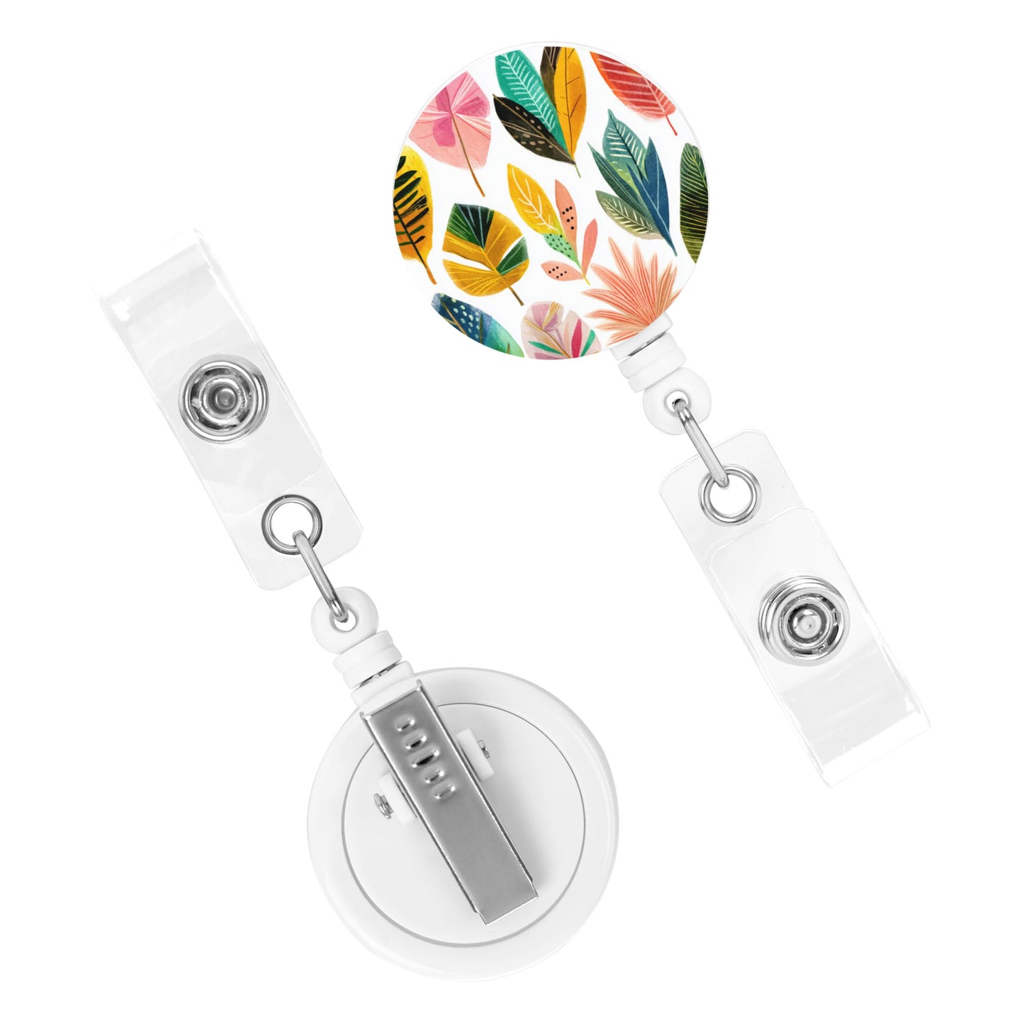 Colorful Leaf Pattern Retractable Badge Holder with Rotating Alligator Clip and Metal Snap for ID Cards & Keys
