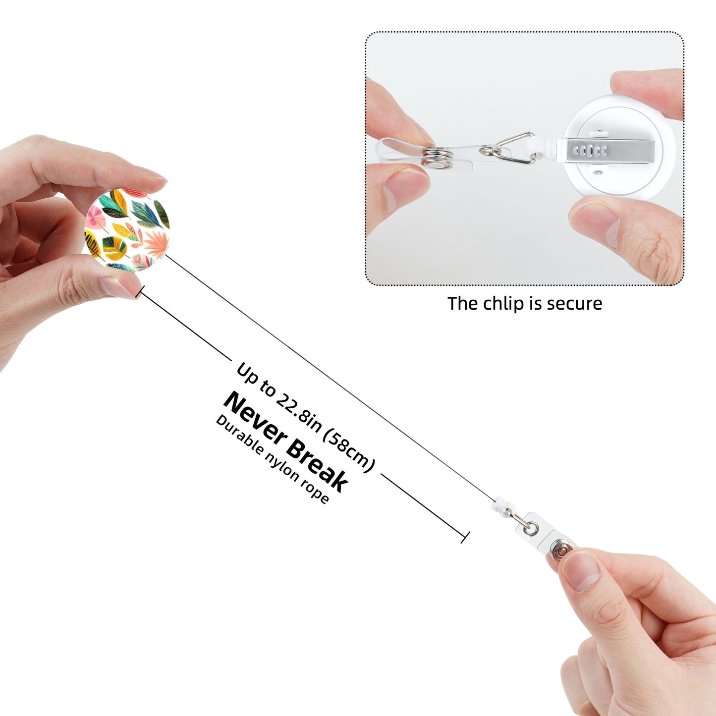 Colorful Leaf Pattern Retractable Badge Holder with Rotating Alligator Clip and Metal Snap for ID Cards & Keys