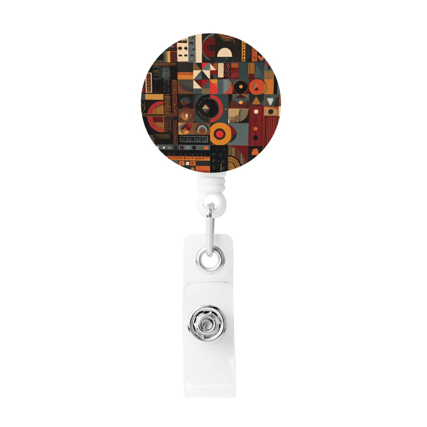 Geometric Art Pattern Retractable Badge Holder with Rotating Alligator Clip and Metal Snap for ID Cards & Keys