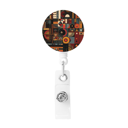 Geometric Art Pattern Retractable Badge Holder with Rotating Alligator Clip and Metal Snap for ID Cards & Keys