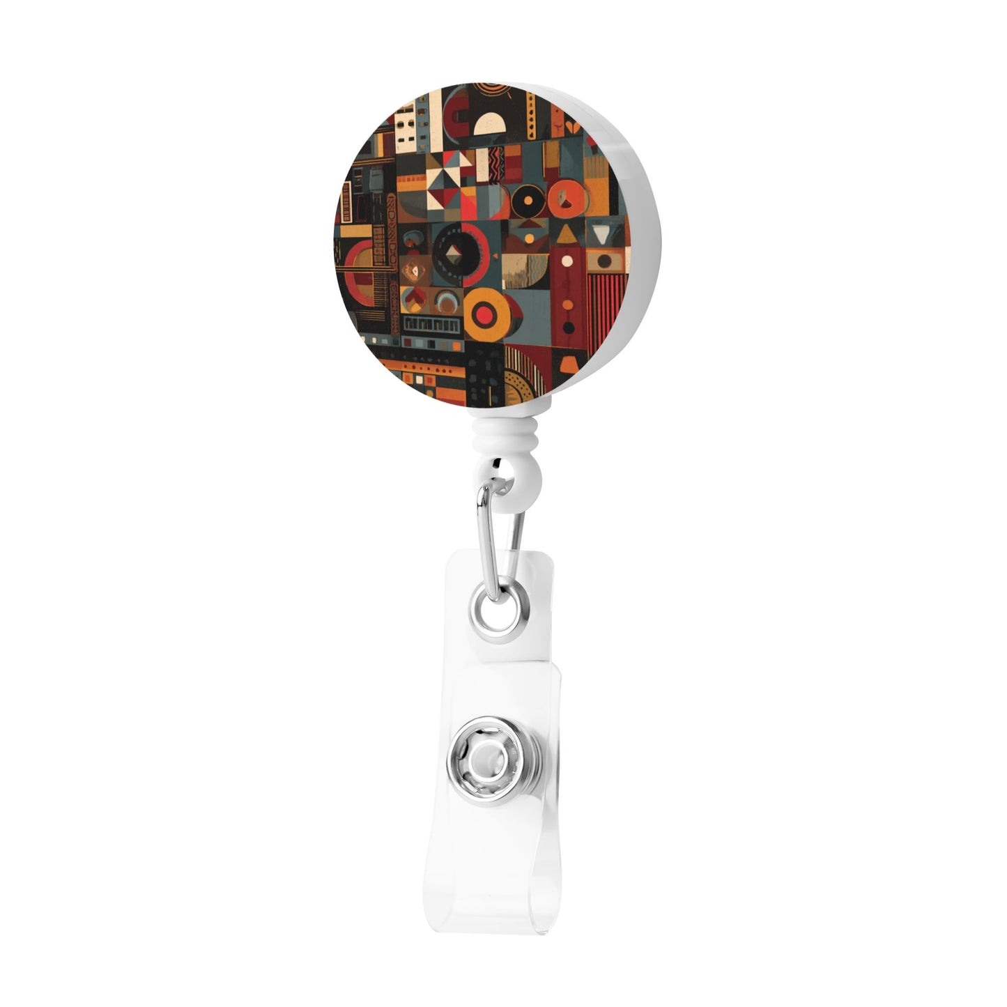Geometric Art Pattern Retractable Badge Holder with Rotating Alligator Clip and Metal Snap for ID Cards & Keys