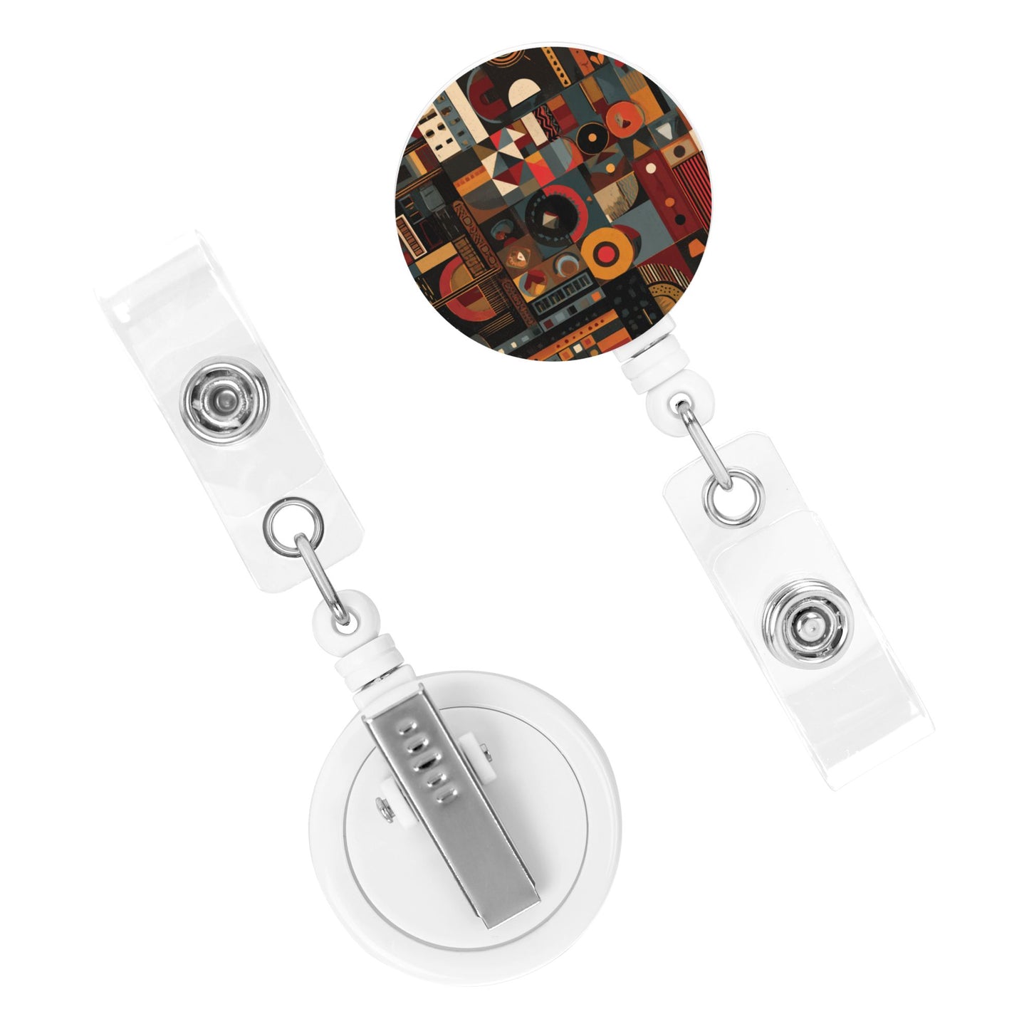 Geometric Art Pattern Retractable Badge Holder with Rotating Alligator Clip and Metal Snap for ID Cards & Keys
