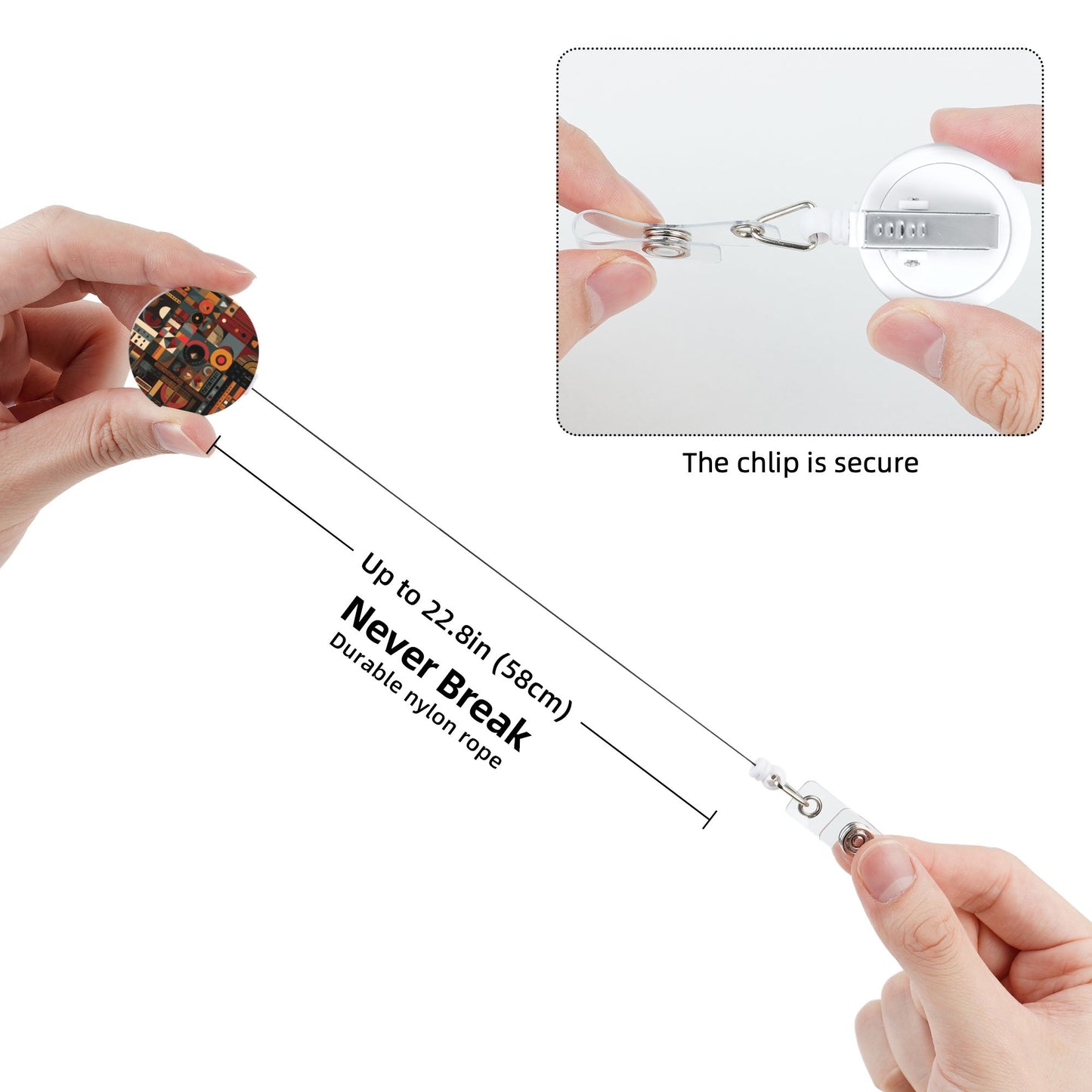 Geometric Art Pattern Retractable Badge Holder with Rotating Alligator Clip and Metal Snap for ID Cards & Keys