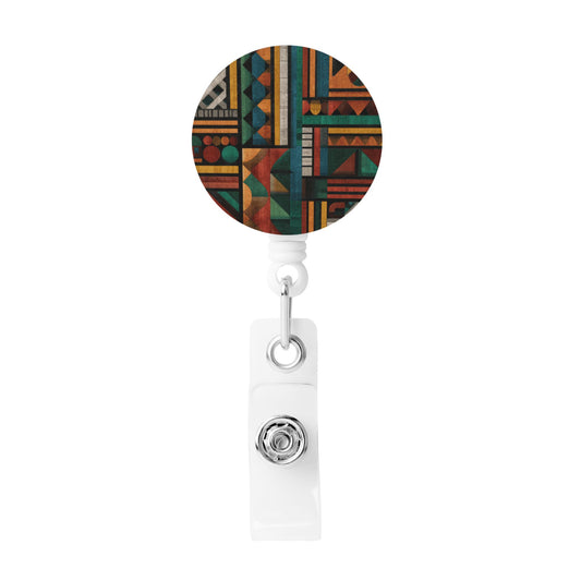 Geometric Patchwork Pattern Retractable Badge Holder with Rotating Alligator Clip and Metal Snap for ID Cards & Keys