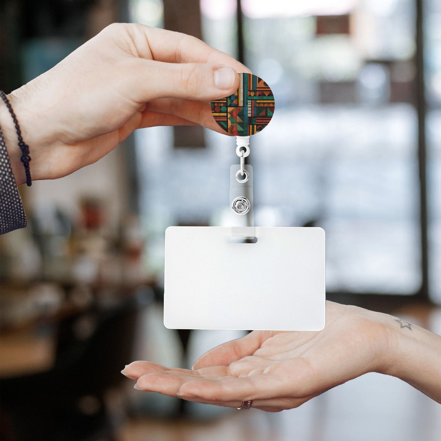 Geometric Patchwork Pattern Retractable Badge Holder with Rotating Alligator Clip and Metal Snap for ID Cards & Keys