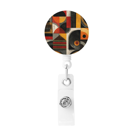 Retro Abstract Geometric Pattern Retractable Badge Holder with 360° Rotating Alligator Clip and Metal Snap for ID Cards & Keys