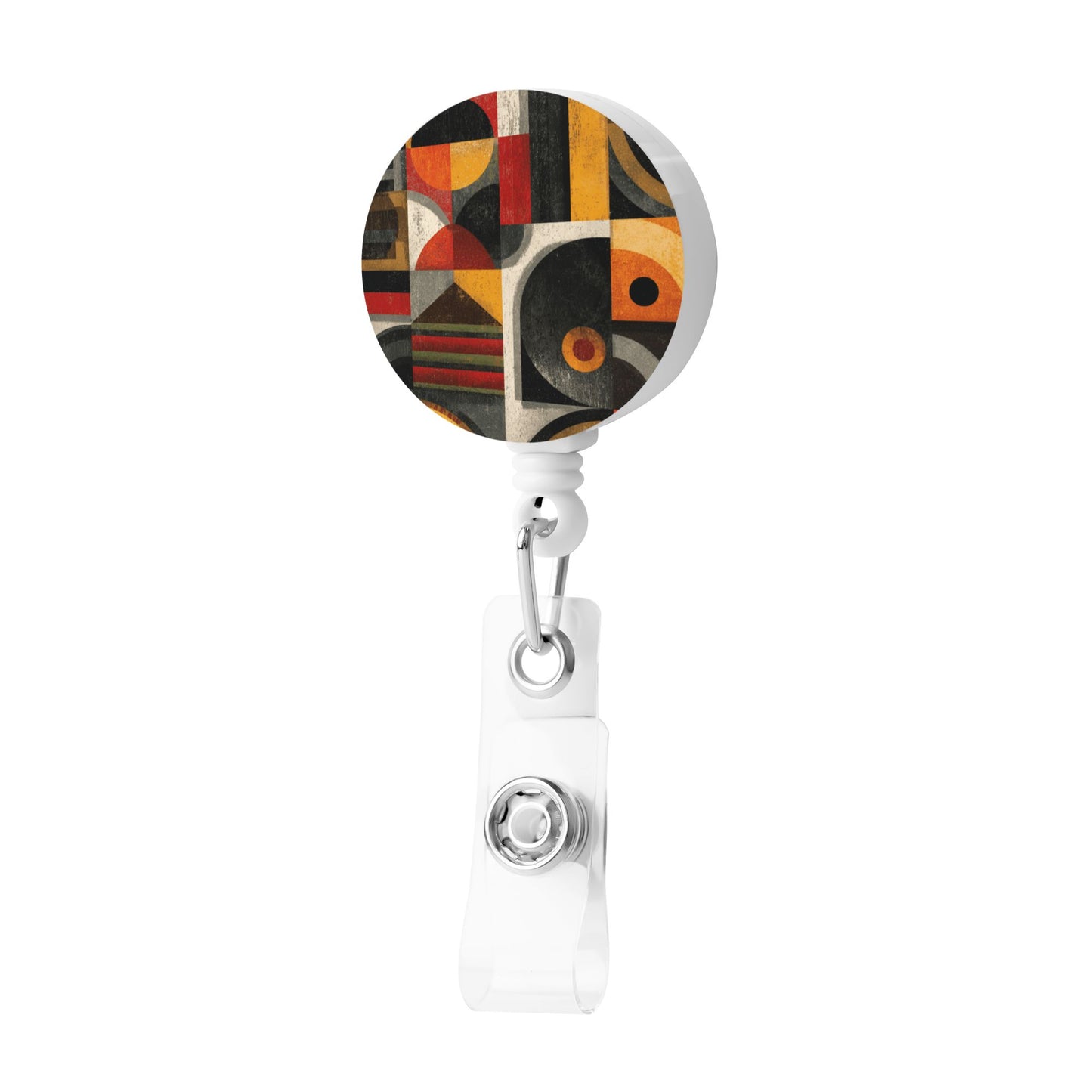 Retro Abstract Geometric Pattern Retractable Badge Holder with 360° Rotating Alligator Clip and Metal Snap for ID Cards & Keys