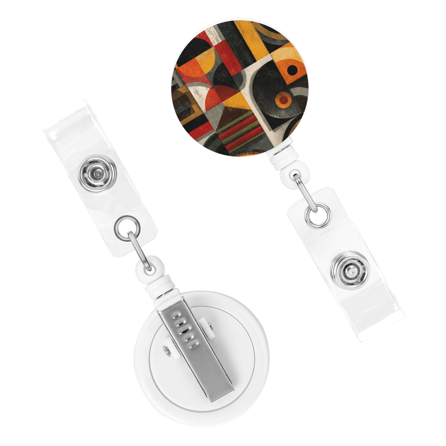 Retro Abstract Geometric Pattern Retractable Badge Holder with 360° Rotating Alligator Clip and Metal Snap for ID Cards & Keys
