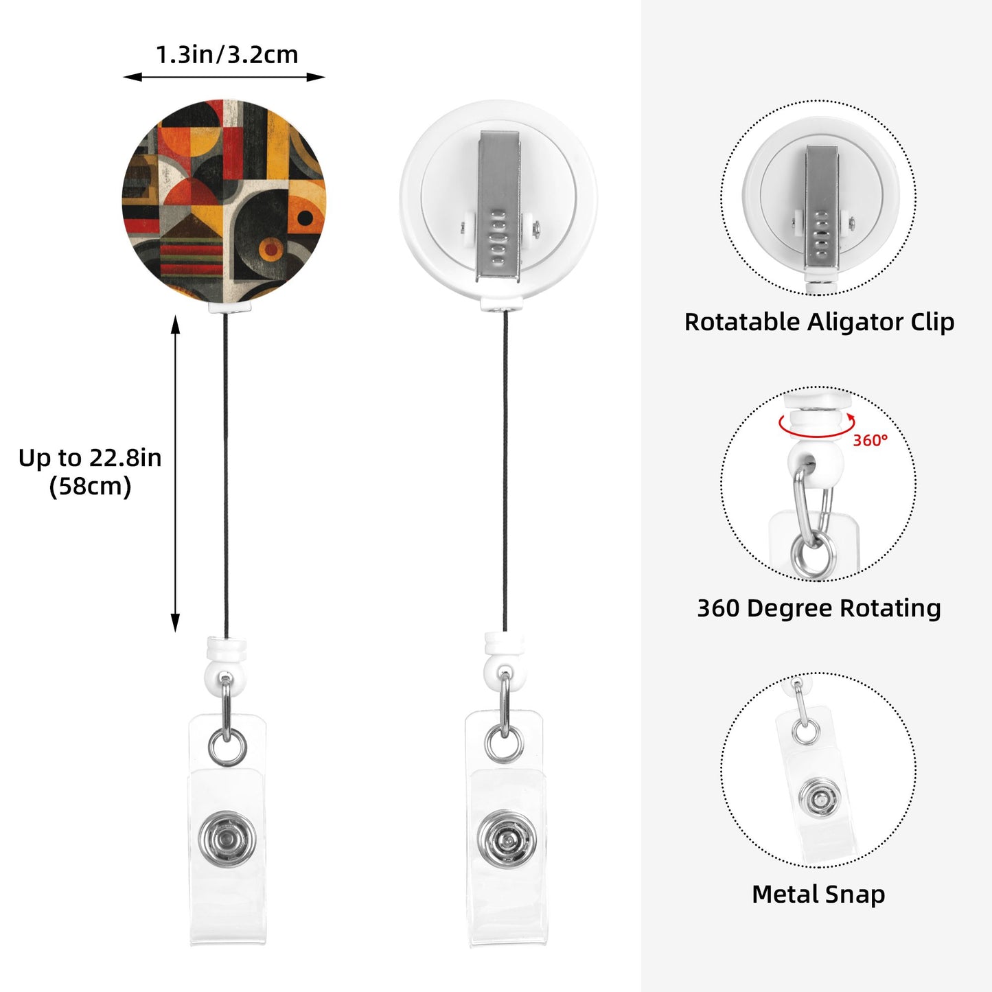 Retro Abstract Geometric Pattern Retractable Badge Holder with 360° Rotating Alligator Clip and Metal Snap for ID Cards & Keys