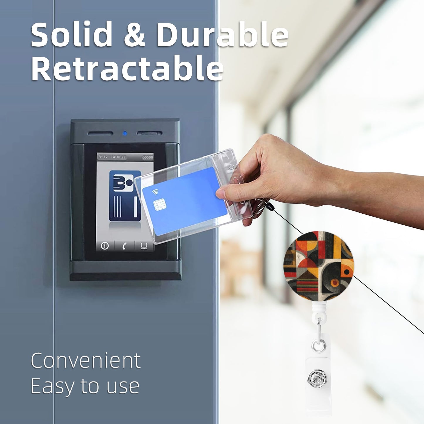 Retro Abstract Geometric Pattern Retractable Badge Holder with 360° Rotating Alligator Clip and Metal Snap for ID Cards & Keys