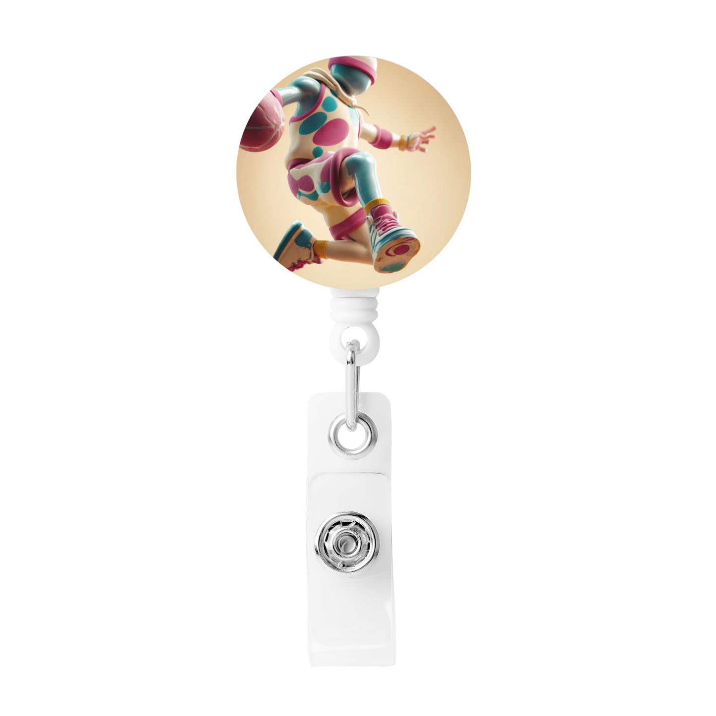 Polka Dot Basketball Player Pattern Retractable Badge Holder with 360° Rotating Alligator Clip and Metal Snap for ID Cards & Keys