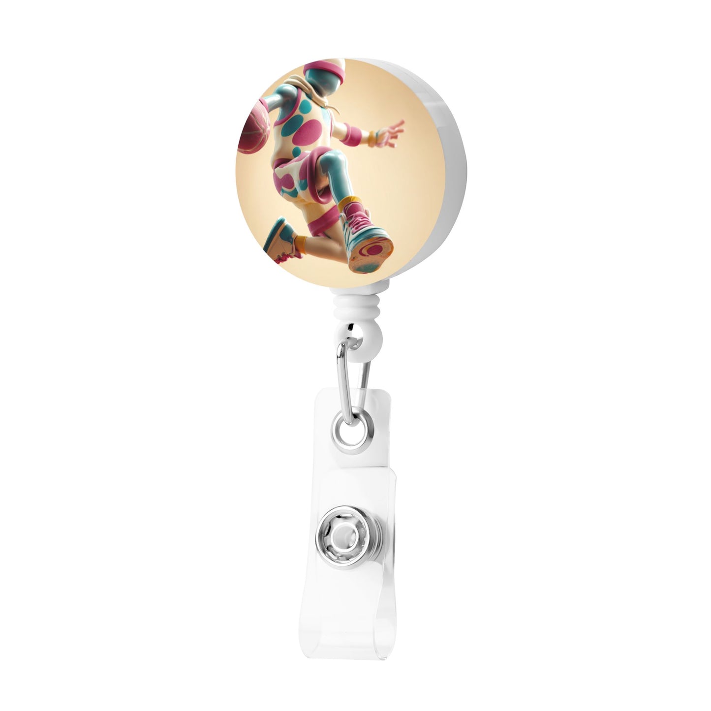 Polka Dot Basketball Player Pattern Retractable Badge Holder with 360° Rotating Alligator Clip and Metal Snap for ID Cards & Keys