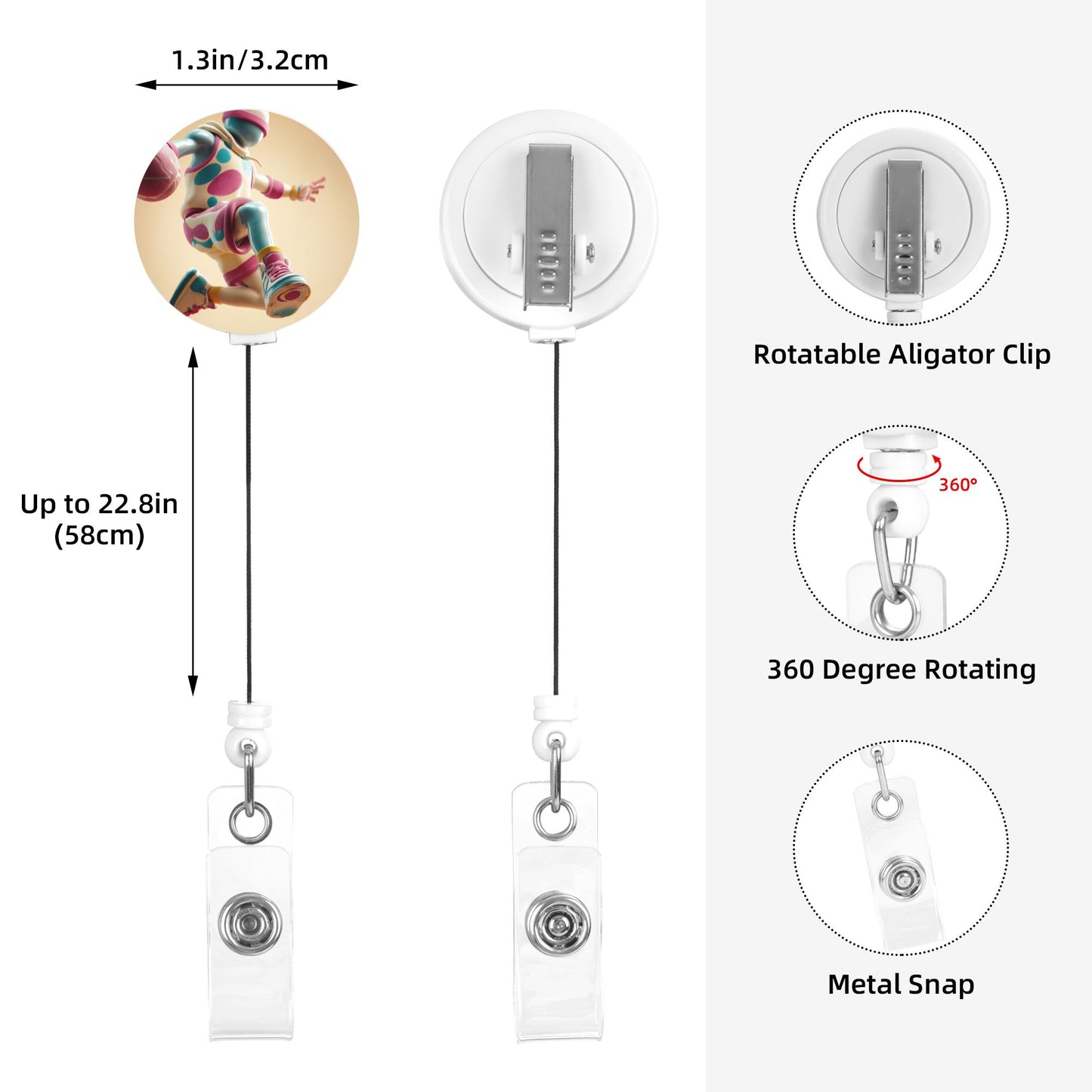 Polka Dot Basketball Player Pattern Retractable Badge Holder with 360° Rotating Alligator Clip and Metal Snap for ID Cards & Keys