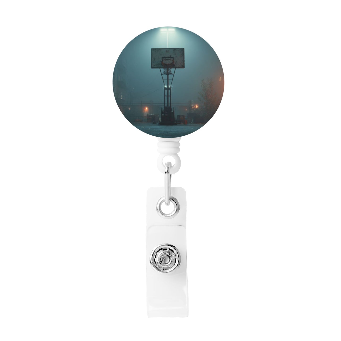 Night Basketball Court Pattern Retractable Badge Holder with 360° Rotating Alligator Clip and Metal Snap for ID Cards & Keys