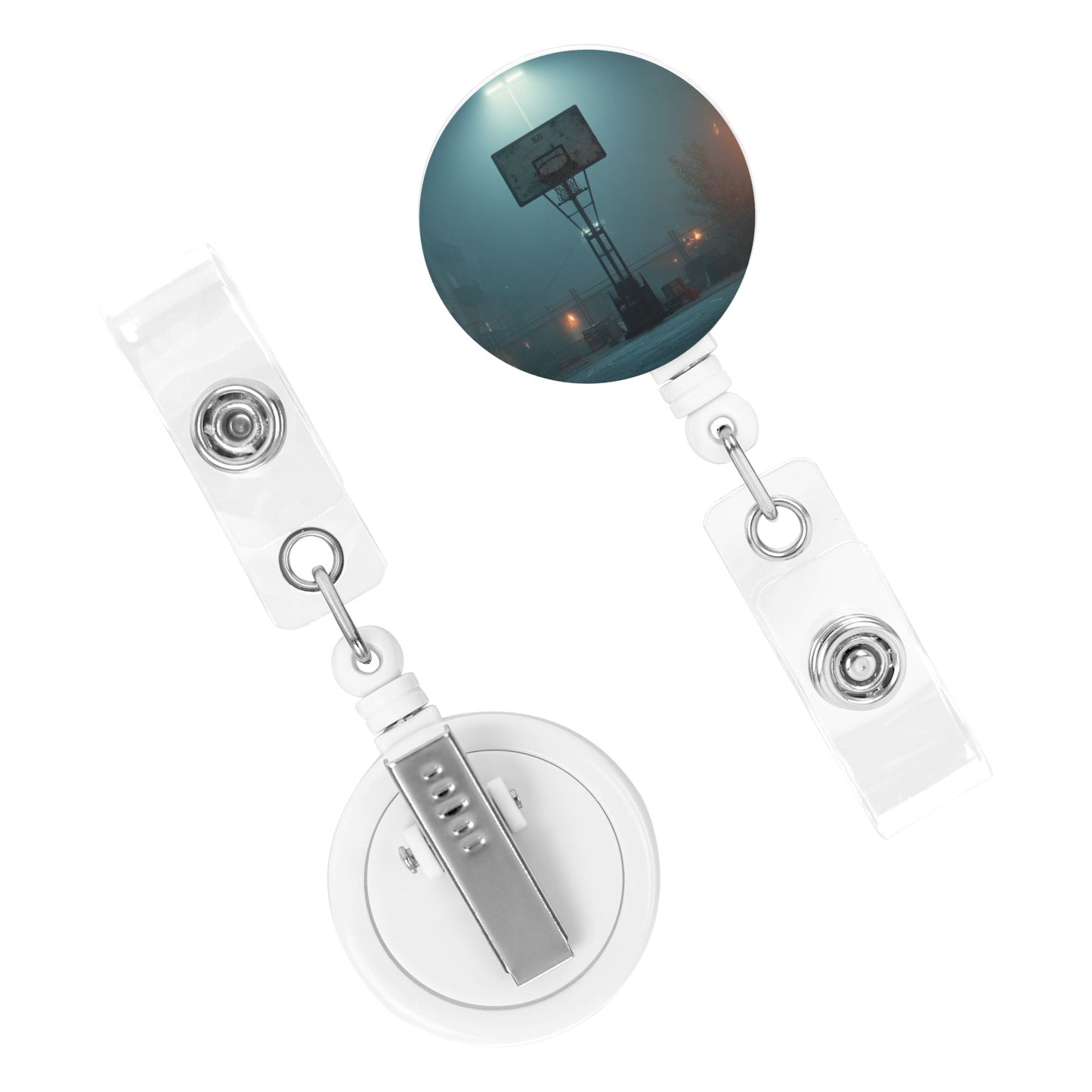 Night Basketball Court Pattern Retractable Badge Holder with 360° Rotating Alligator Clip and Metal Snap for ID Cards & Keys