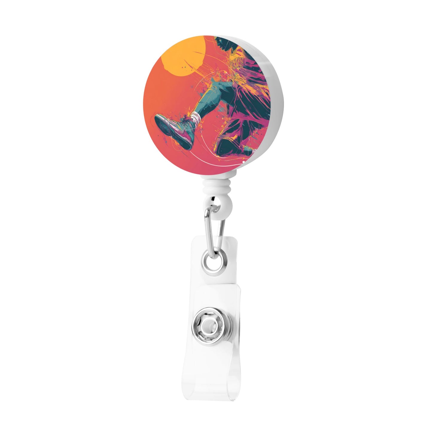 Red Colorful Basketball Player Pattern Retractable Badge Holder with 360° Rotating Alligator Clip and Metal Snap for ID Cards & Keys