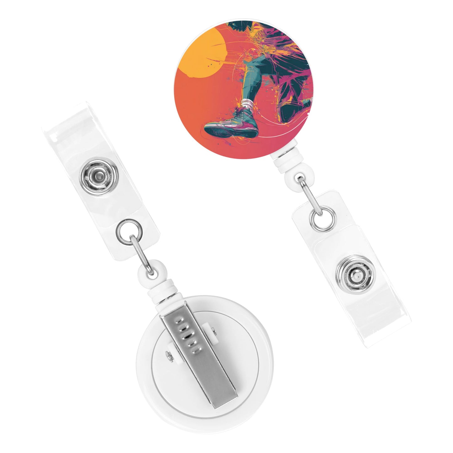 Red Colorful Basketball Player Pattern Retractable Badge Holder with 360° Rotating Alligator Clip and Metal Snap for ID Cards & Keys