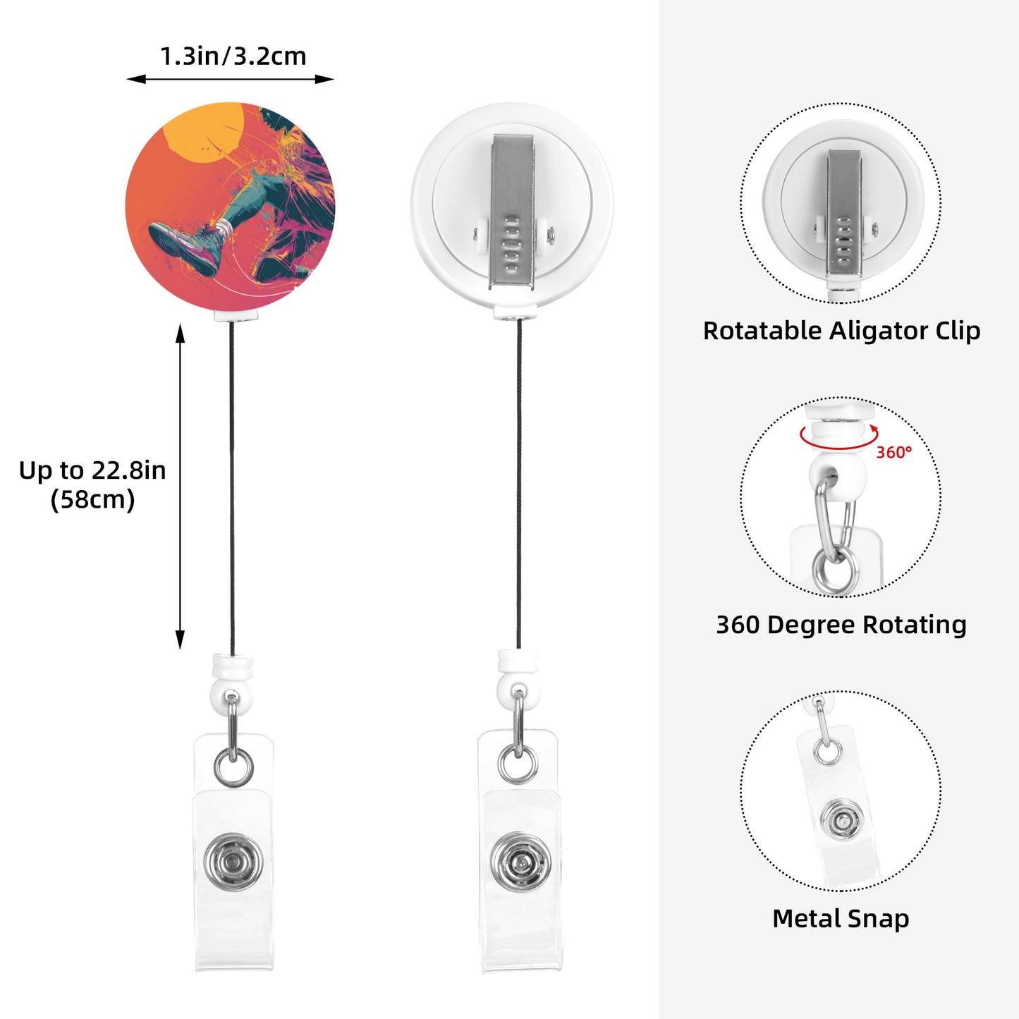 Red Colorful Basketball Player Pattern Retractable Badge Holder with 360° Rotating Alligator Clip and Metal Snap for ID Cards & Keys